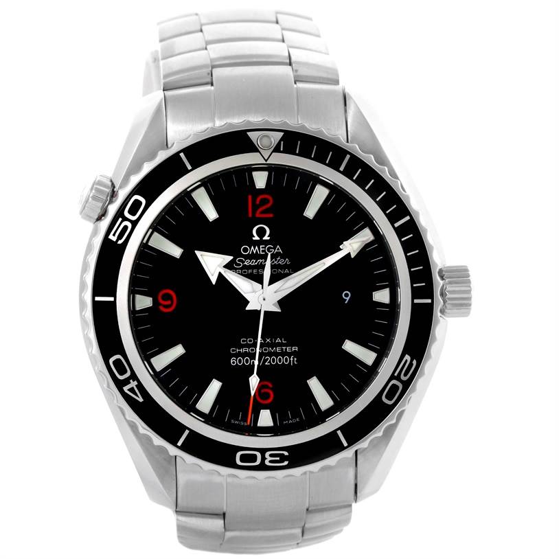 The image shows a front view of an Omega Planet Ocean 85484047 Men's Stainless Steel Black Dial 85484047 Men's Stainless Steel Black Dial model watch, highlighting the dial, bezel, and stainless steel bracelet.
