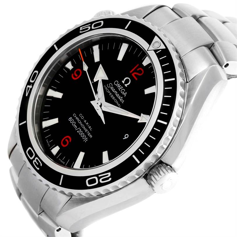 This image shows a close-up angle of the Omega Planet Ocean 85484047 Men's Stainless Steel Black Dial 85484047 Men's Stainless Steel Black Dial watch, highlighting its face, bezel, crown, and part of the bracelet.