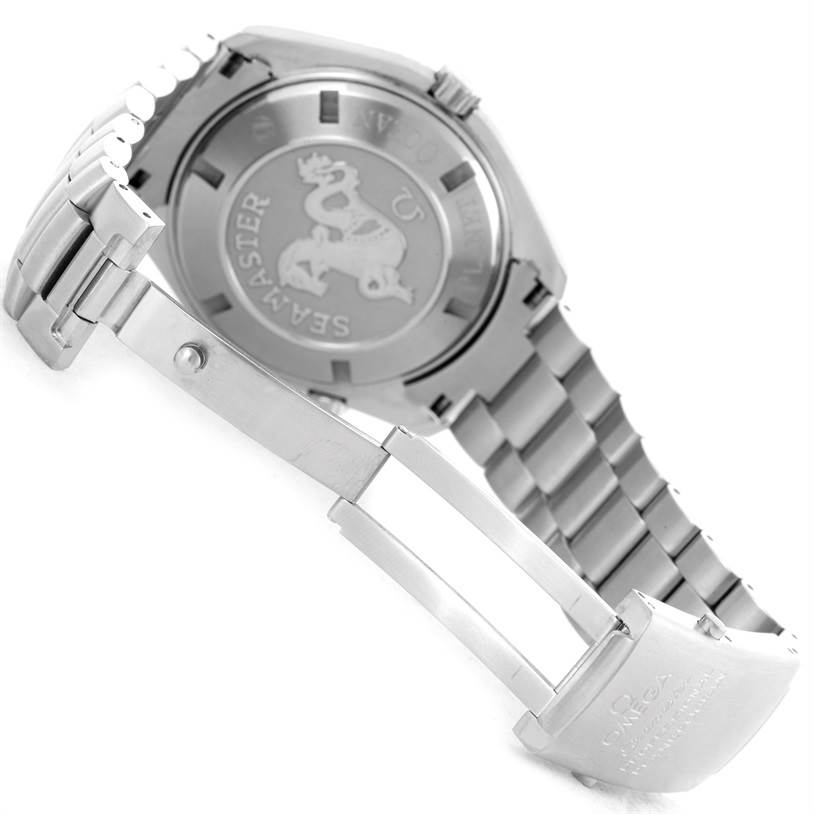 The image shows the case back and clasp of the Omega Planet Ocean 85484047 Men's Stainless Steel Black Dial 85484047 Men's Stainless Steel Black Dial watch from an angled perspective.