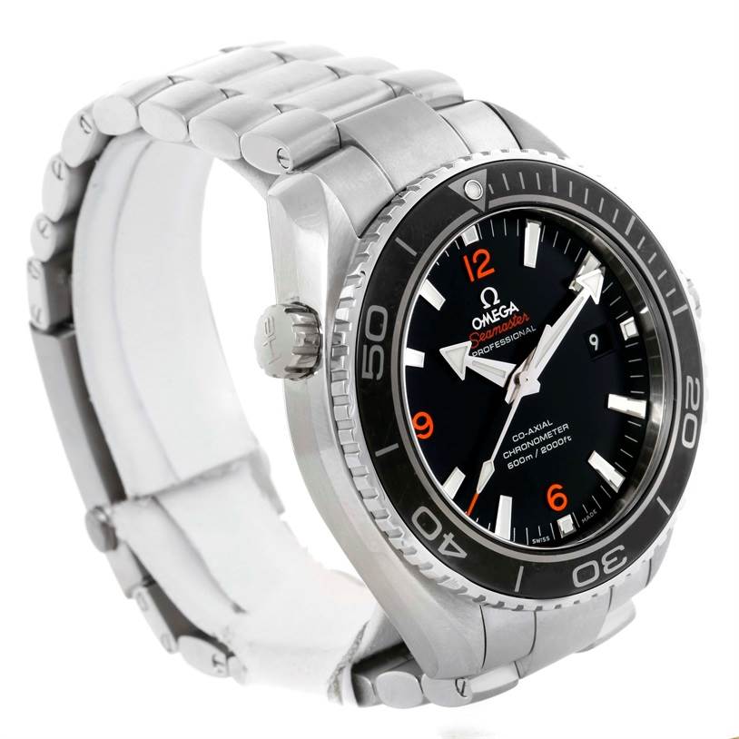 The Omega Planet Ocean 232.30.46.21.01.003 Men
s Stainless Steel Black Dial 232.30.46.21.01.003 Men
s Stainless Steel Black Dial watch is shown from a front-right angle, displaying the face, bezel, crown, and stainless steel bracelet.