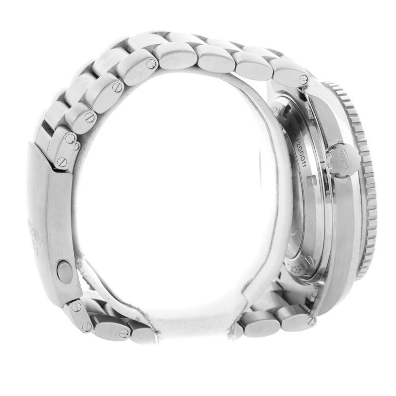 The image shows the side view of the Omega Planet Ocean 232.30.46.21.01.003 Men
s Stainless Steel Black Dial 232.30.46.21.01.003 Men
s Stainless Steel Black Dial watch, displaying its bracelet and crown.