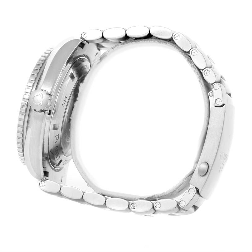 The image shows a side profile of the Omega Planet Ocean 232.30.46.21.01.003 Men
s Stainless Steel Black Dial 232.30.46.21.01.003 Men
s Stainless Steel Black Dial watch, highlighting its bezel, crown, and metal bracelet.