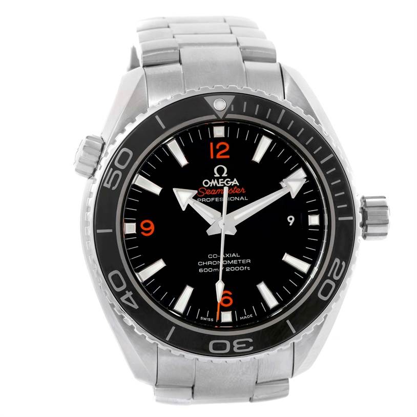 The Omega Planet Ocean 232.30.46.21.01.003 Men
s Stainless Steel Black Dial 232.30.46.21.01.003 Men
s Stainless Steel Black Dial watch is shown from a straight-on angle, displaying the face, hands, bezel, and part of the metal bracelet.