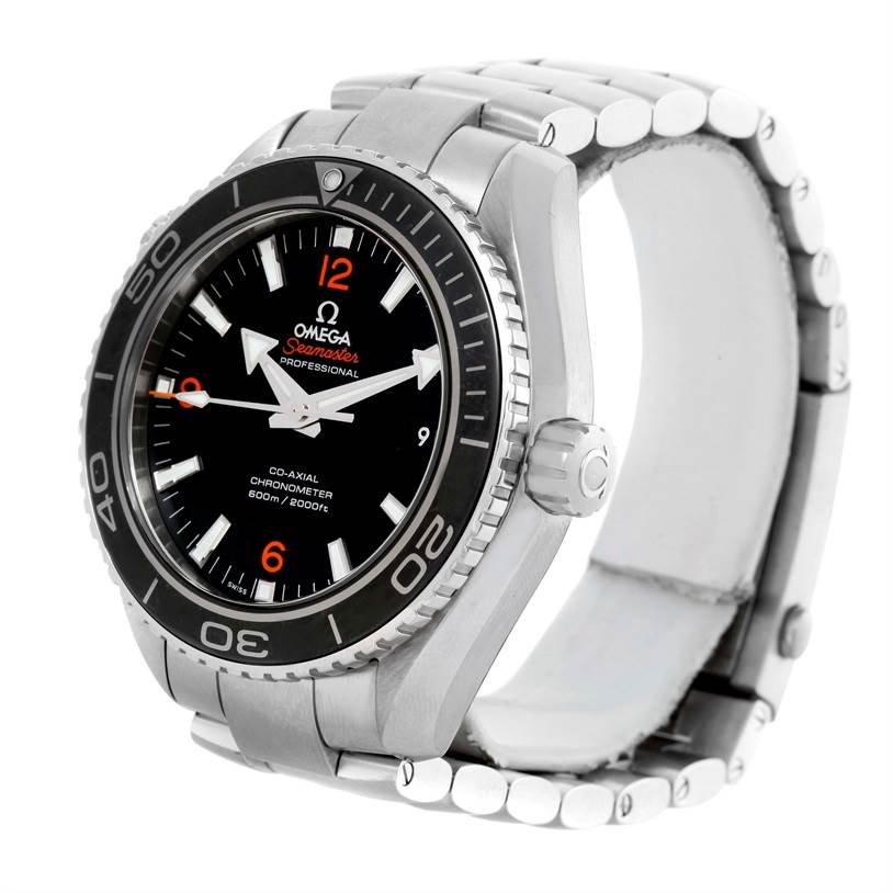 The image shows an angled view of the Omega Planet Ocean 232.30.46.21.01.003 Men
s Stainless Steel Black Dial 232.30.46.21.01.003 Men
s Stainless Steel Black Dial watch with its dial, bezel, crown, and bracelet clearly visible.