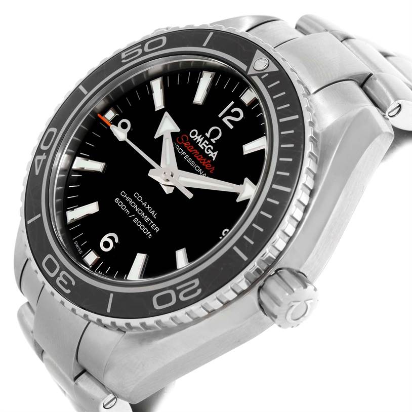 The Omega Planet Ocean 232.30.42.21.01.001 Men
s Stainless Steel Black Dial 232.30.42.21.01.001 Men
s Stainless Steel Black Dial watch is shown at an angled side view, highlighting the bezel, face, dial, and bracelet.