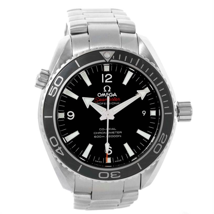 The image shows a frontal view of the Omega Planet Ocean 232.30.42.21.01.001 Men
s Stainless Steel Black Dial 232.30.42.21.01.001 Men
s Stainless Steel Black Dial watch, highlighting its dial, bezel, and bracelet.