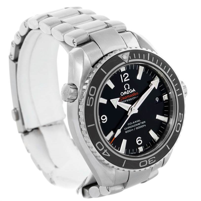 The image shows an Omega Planet Ocean 232.30.42.21.01.001 Men
s Stainless Steel Black Dial 232.30.42.21.01.001 Men
s Stainless Steel Black Dial watch
s front and side angles, highlighting its bezel, dial, and bracelet.