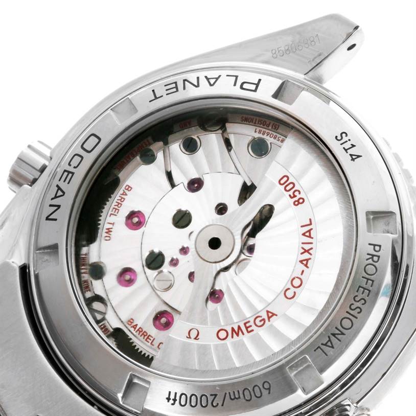 This image shows the back of the Omega Planet Ocean 232.30.42.21.01.001 Men
s Stainless Steel Black Dial 232.30.42.21.01.001 Men
s Stainless Steel Black Dial watch, highlighting its internal mechanical movement.