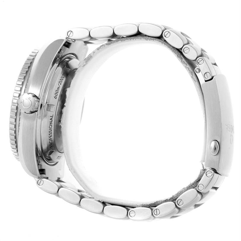 This image shows the Omega Planet Ocean 232.30.42.21.01.001 Men
s Stainless Steel Black Dial 232.30.42.21.01.001 Men
s Stainless Steel Black Dial watch from a side angle, featuring the crown, bezel, and metal bracelet.