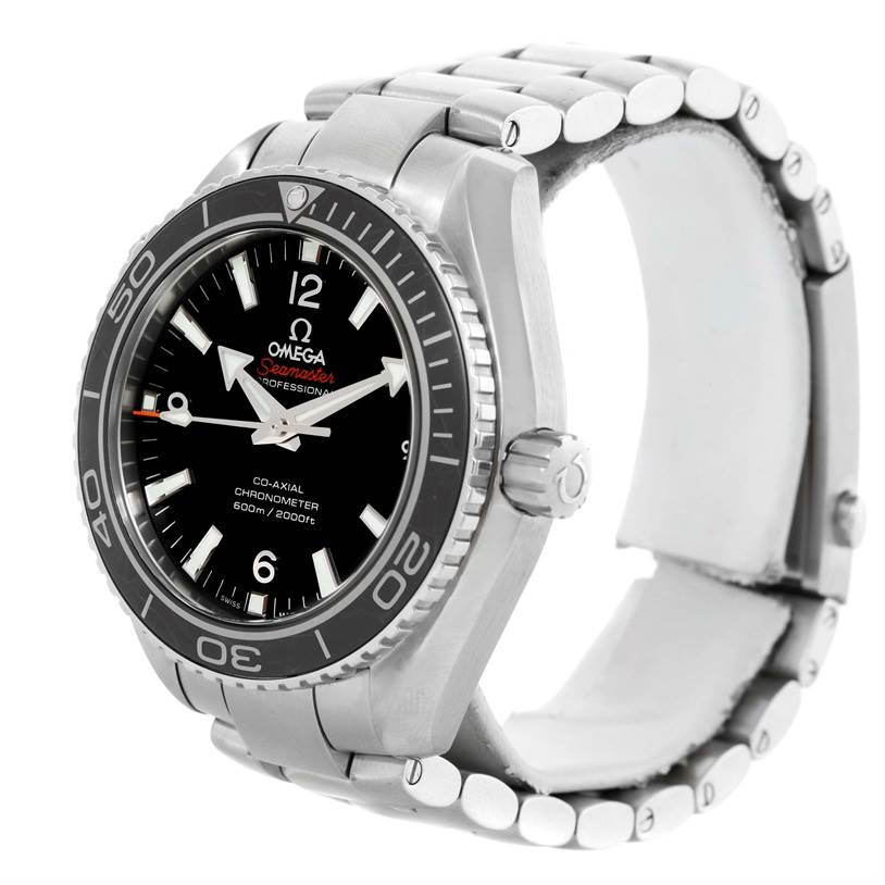 This Omega Planet Ocean 232.30.42.21.01.001 Men
s Stainless Steel Black Dial 232.30.42.21.01.001 Men
s Stainless Steel Black Dial watch is shown from a front-side angle displaying the face, bezel, crown, and part of the bracelet.