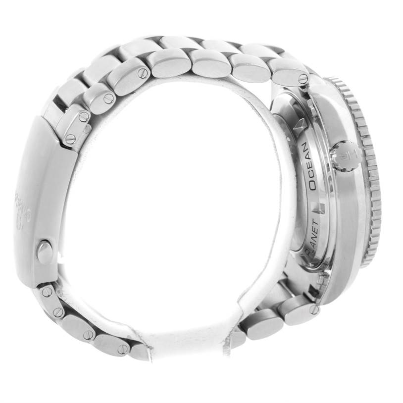 The Omega Planet Ocean 232.30.42.21.01.001 Men
s Stainless Steel Black Dial 232.30.42.21.01.001 Men
s Stainless Steel Black Dial watch is displayed from the right side, focusing on the crown, bezel, and metallic bracelet.