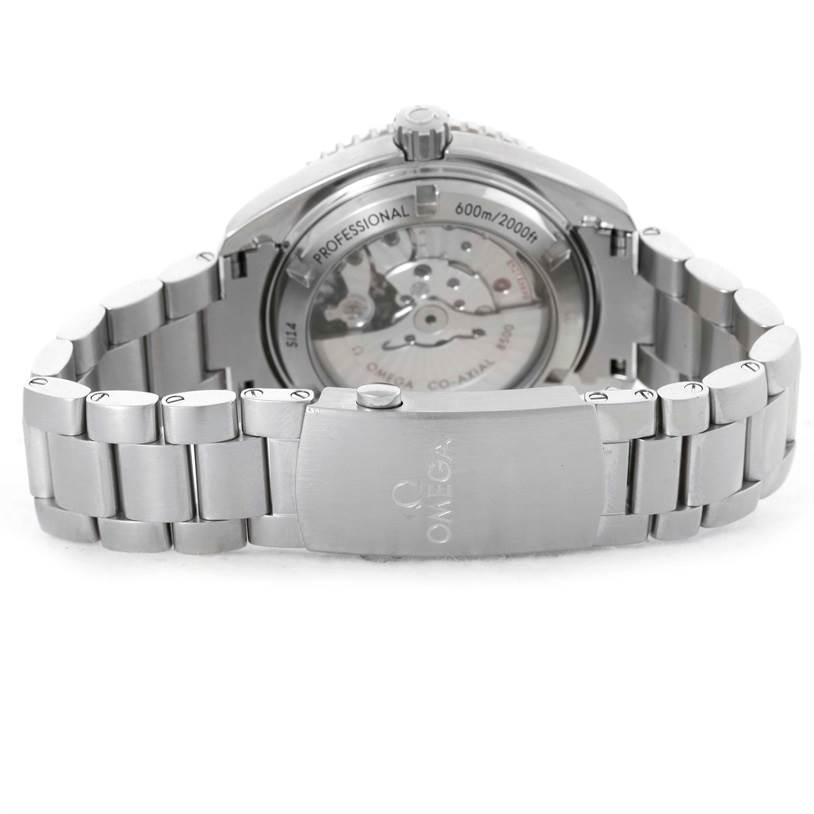 The image shows the back view of an Omega Planet Ocean 232.30.42.21.01.001 Men
s Stainless Steel Black Dial 232.30.42.21.01.001 Men
s Stainless Steel Black Dial watch, highlighting the case back and bracelet.