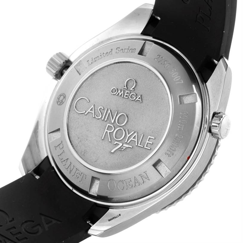 The image shows the back of the Omega Planet Ocean 2907.50.91 Men
s Stainless Steel Black Dial 2907.50.91 Men
s Stainless Steel Black Dial "Casino Royale" limited edition watch, displaying its engraving and branding.