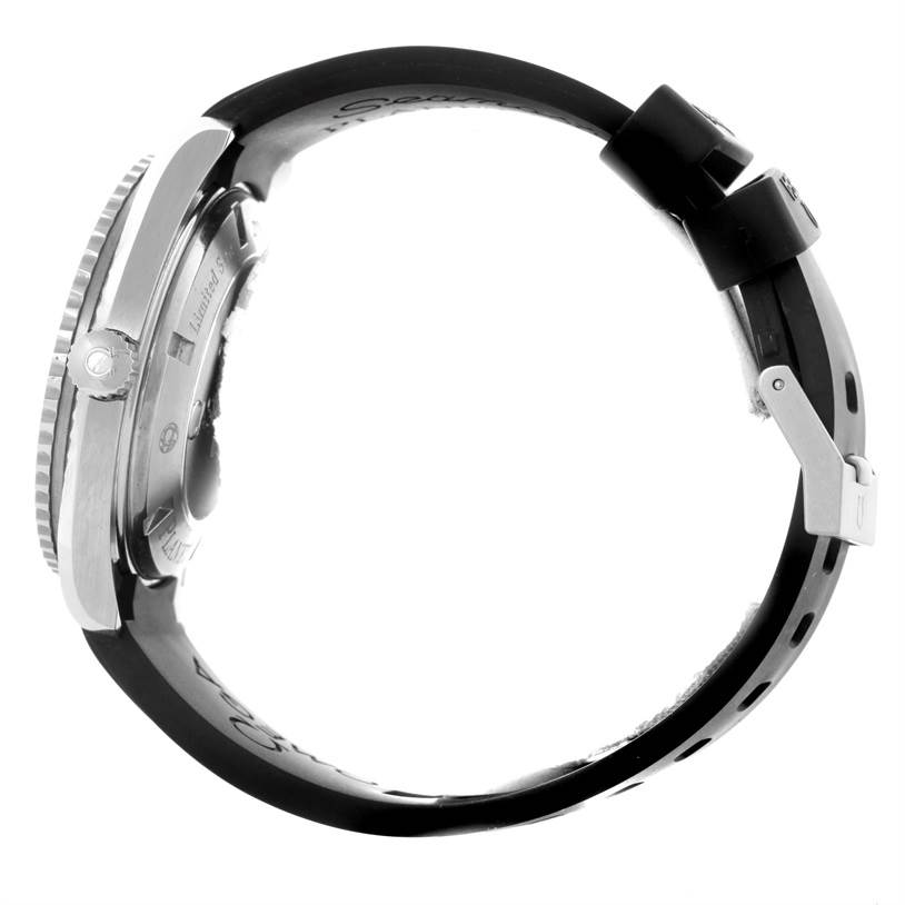 The image shows a side view of the Omega Planet Ocean 2907.50.91 Men
s Stainless Steel Black Dial 2907.50.91 Men
s Stainless Steel Black Dial watch, highlighting its bezel, crown, case, and rubber strap with buckle.