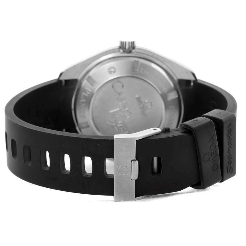 The image shows the back view of the Omega Planet Ocean 2907.50.91 Men
s Stainless Steel Black Dial 2907.50.91 Men
s Stainless Steel Black Dial watch, focusing on the case back and black rubber strap with a buckle.