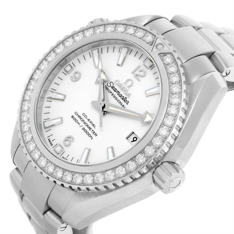 The image shows an angled view of the Omega Planet Ocean 232.15.42.21.04.001 Men's Stainless Steel White Dial 232.15.42.21.04.001 Men's Stainless Steel White Dial watch, highlighting its face, bezel, and part of the bracelet.