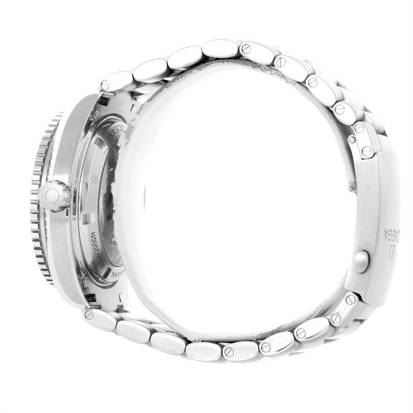 The image shows a side profile of the Omega Planet Ocean 232.15.42.21.04.001 Men's Stainless Steel White Dial 232.15.42.21.04.001 Men's Stainless Steel White Dial watch focusing on its bracelet and side case.