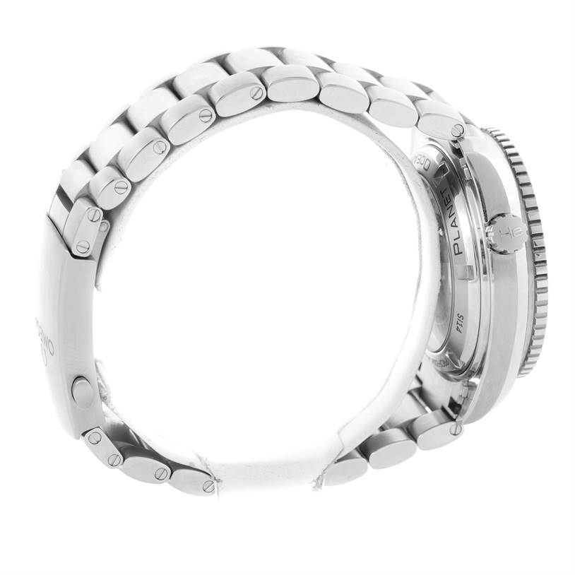 The image shows the side view of an Omega Planet Ocean 232.15.42.21.04.001 Men's Stainless Steel White Dial 232.15.42.21.04.001 Men's Stainless Steel White Dial watch, focusing on the metallic bracelet, case side, and crown.