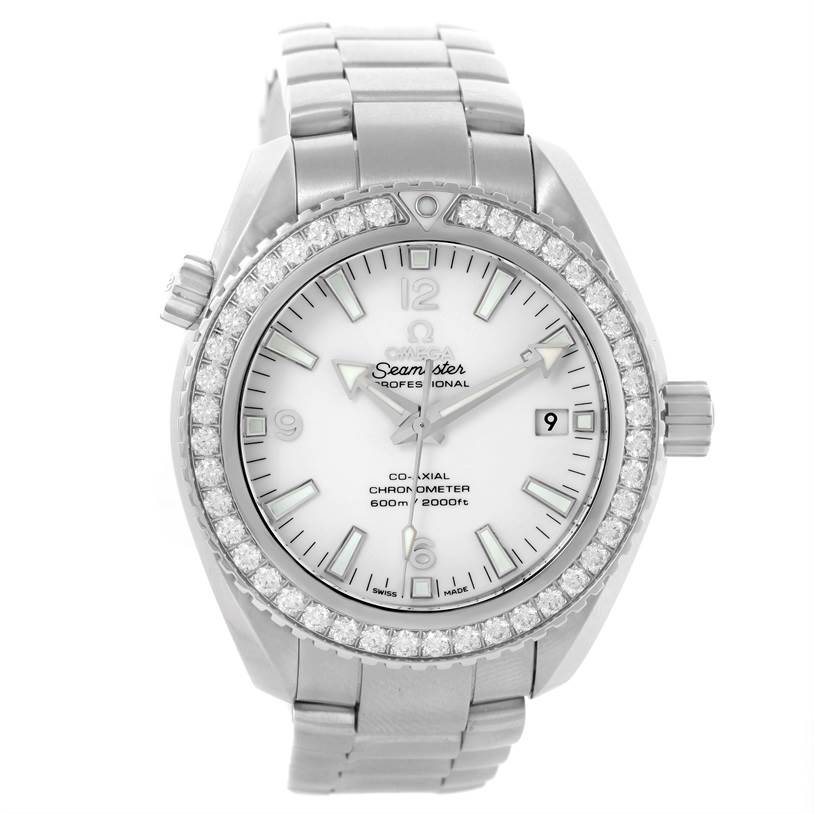 The image showcases a front view of the Omega Planet Ocean 232.15.42.21.04.001 Men's Stainless Steel White Dial 232.15.42.21.04.001 Men's Stainless Steel White Dial Seamaster watch, displaying the dial, bezel, and bracelet.