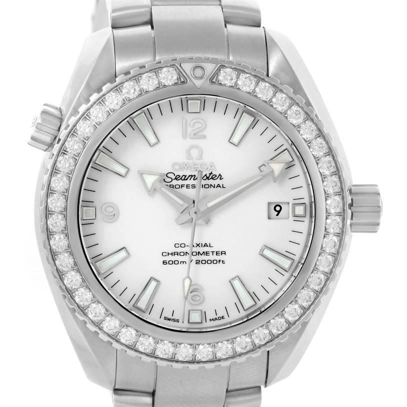 This image shows a front view of the Omega Seamaster Professional Planet Ocean watch, highlighting the dial, bezel, and bracelet.