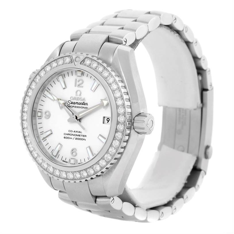 The Omega Planet Ocean 232.15.42.21.04.001 Men's Stainless Steel White Dial 232.15.42.21.04.001 Men's Stainless Steel White Dial watch is shown at an angle from the front and slightly to the side, displaying the face, bezel, crown, and bracelet.