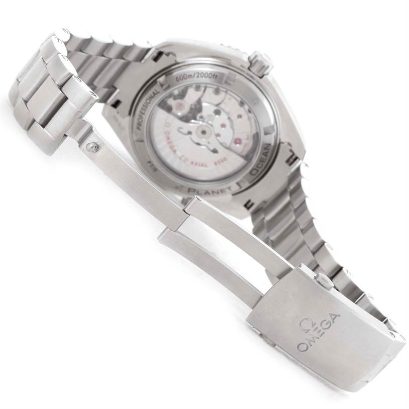 The image shows the back case and bracelet of an Omega Planet Ocean 232.15.42.21.04.001 Men's Stainless Steel White Dial 232.15.42.21.04.001 Men's Stainless Steel White Dial watch at an angled side view.