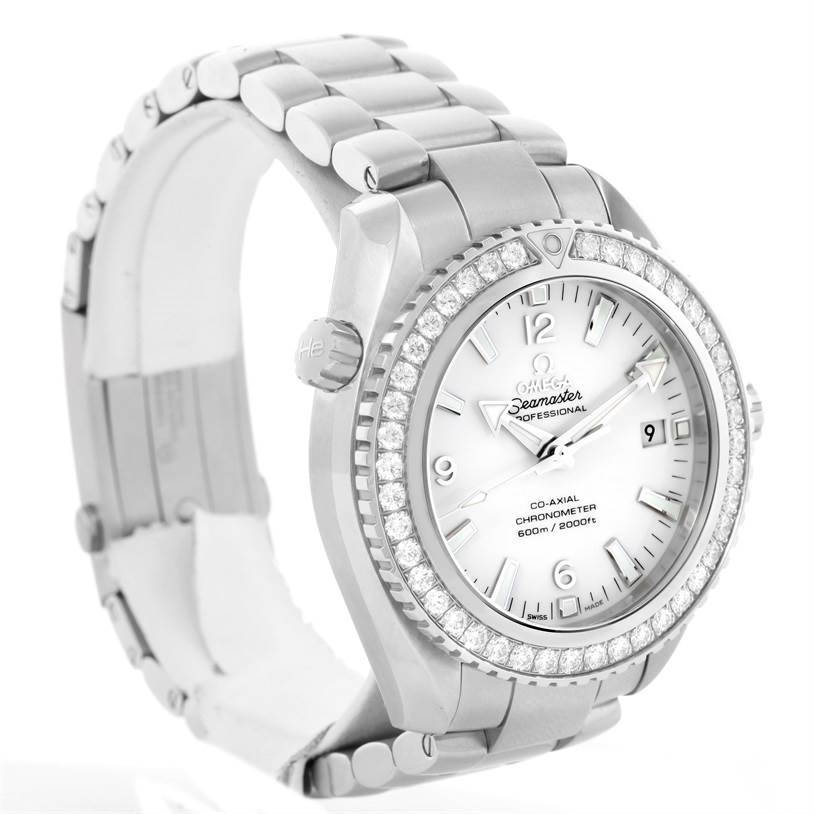 This image shows a side and front view of an Omega Planet Ocean 232.15.42.21.04.001 Men's Stainless Steel White Dial 232.15.42.21.04.001 Men's Stainless Steel White Dial watch, highlighting the bezel, face, and bracelet.