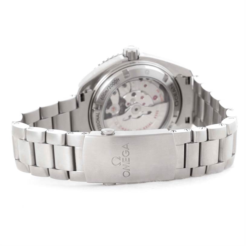 The image shows the back and bracelet of an Omega Planet Ocean 232.15.42.21.04.001 Men's Stainless Steel White Dial 232.15.42.21.04.001 Men's Stainless Steel White Dial watch, highlighting the clasp and transparent case back.