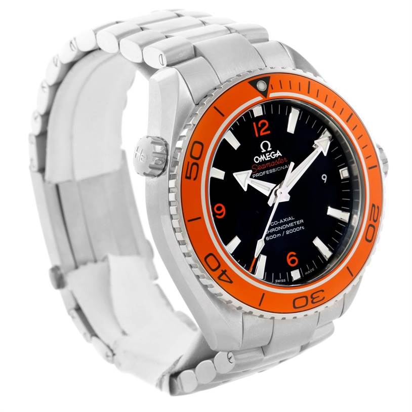 This image features an Omega Planet Ocean 232.30.46.21.01.002 Men
s Stainless Steel Black Dial 232.30.46.21.01.002 Men
s Stainless Steel Black Dial watch from a slightly tilted angle, highlighting its orange bezel, face, and metal bracelet.