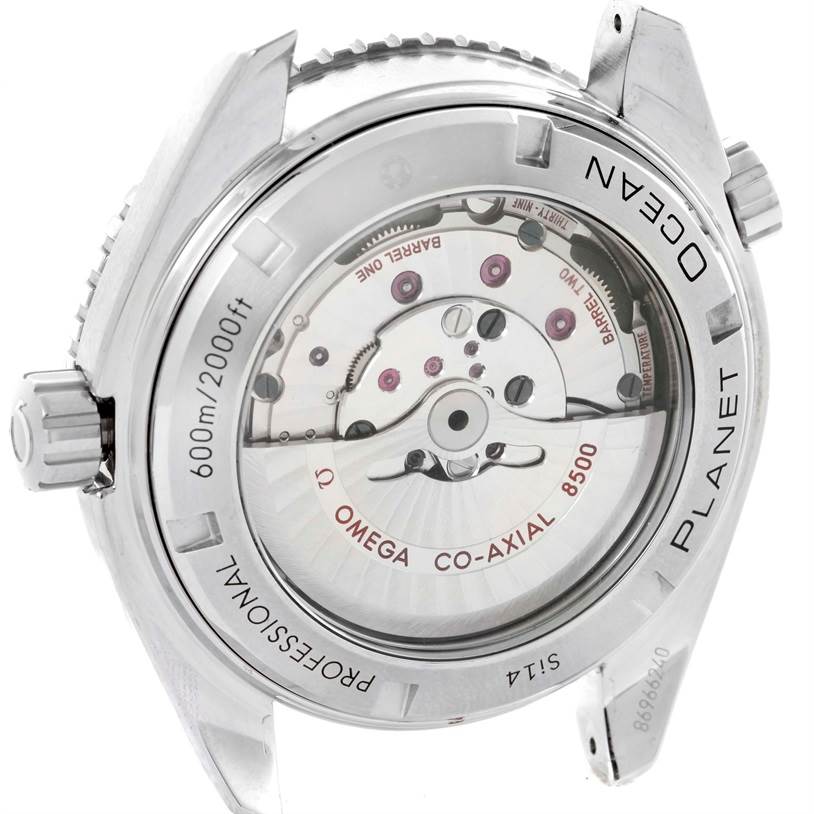 The image shows the back view of the Omega Planet Ocean 232.30.46.21.01.002 Men
s Stainless Steel Black Dial 232.30.46.21.01.002 Men
s Stainless Steel Black Dial watch, highlighting its co-axial movement and internal mechanical parts.