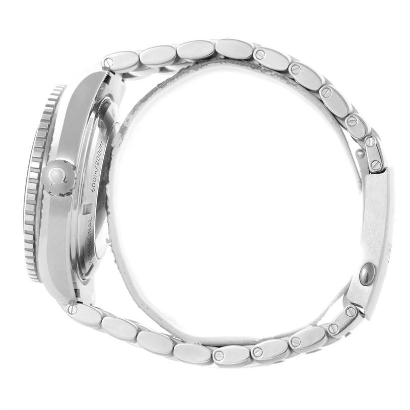 The image shows a side view of the Omega Planet Ocean 232.30.46.21.01.002 Men
s Stainless Steel Black Dial 232.30.46.21.01.002 Men
s Stainless Steel Black Dial watch, displaying its case, crown, and metal bracelet.