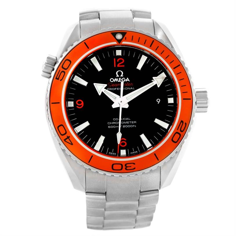 This image shows a front view of the Omega Planet Ocean 232.30.46.21.01.002 Men
s Stainless Steel Black Dial 232.30.46.21.01.002 Men
s Stainless Steel Black Dial watch, highlighting its orange bezel and stainless steel bracelet.