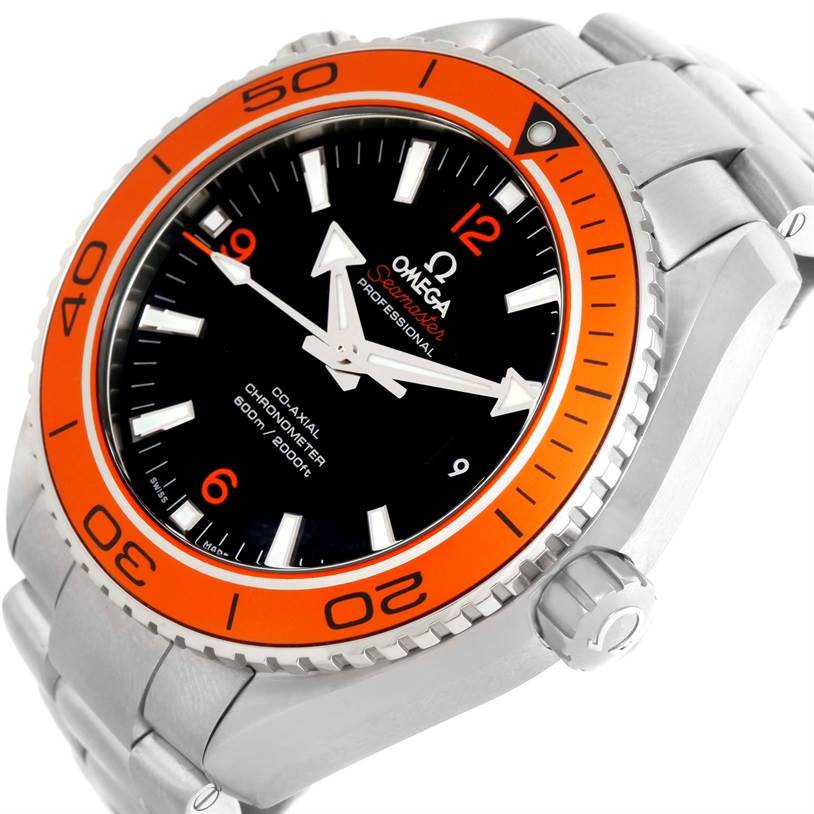 The angle shows the face, dial, crown, and part of the bracelet of the Omega Planet Ocean 232.30.46.21.01.002 Men
s Stainless Steel Black Dial 232.30.46.21.01.002 Men
s Stainless Steel Black Dial watch with an orange bezel.