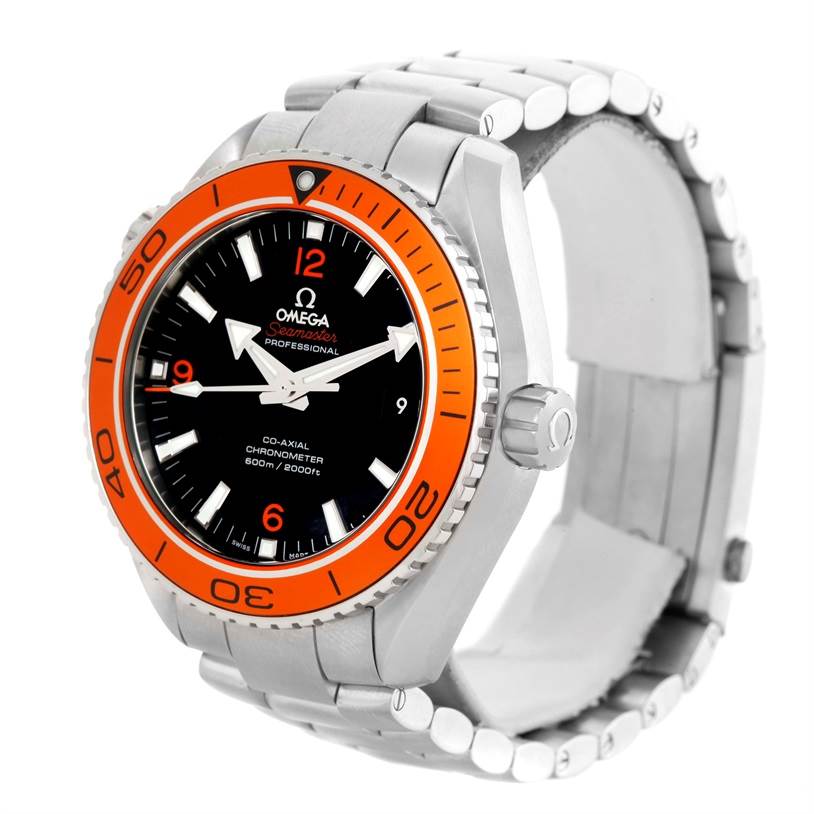 The image shows an Omega Planet Ocean 232.30.46.21.01.002 Men
s Stainless Steel Black Dial 232.30.46.21.01.002 Men
s Stainless Steel Black Dial watch with an orange bezel, black dial, and metal bracelet.