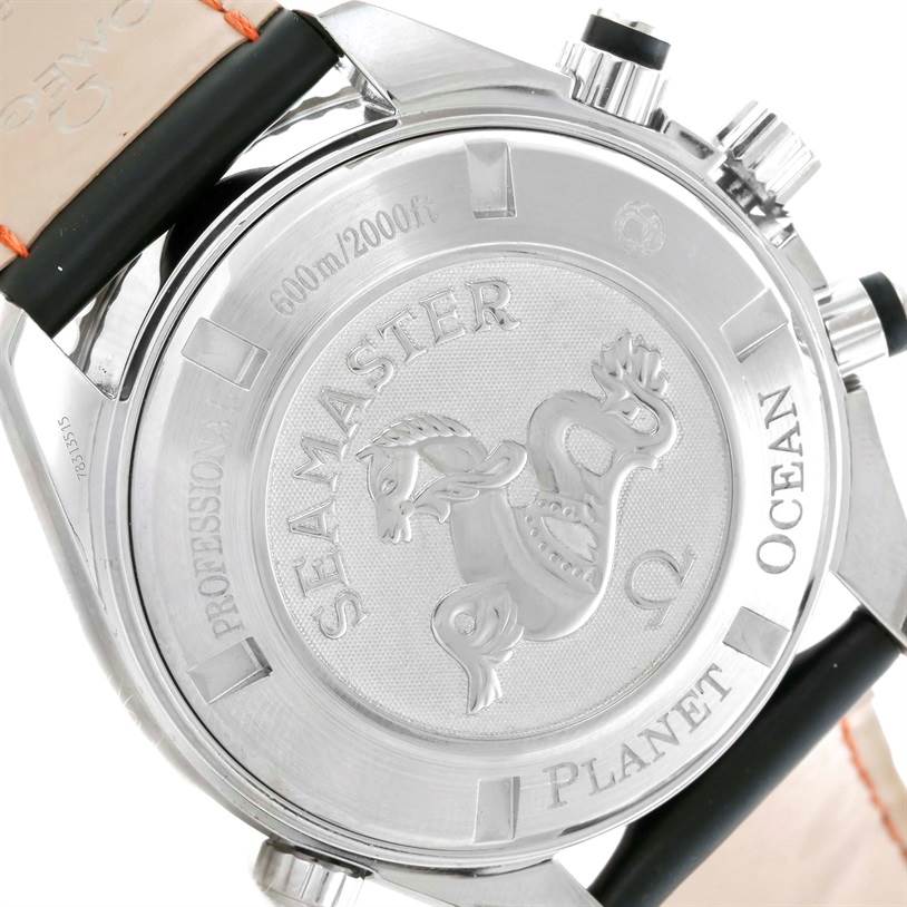 This image shows the back case of the Omega Planet Ocean 2210.51.00 Men
s Stainless Steel Black Dial 2210.51.00 Men
s Stainless Steel Black Dial watch, highlighting the "Seamaster" engraving and depth rating.