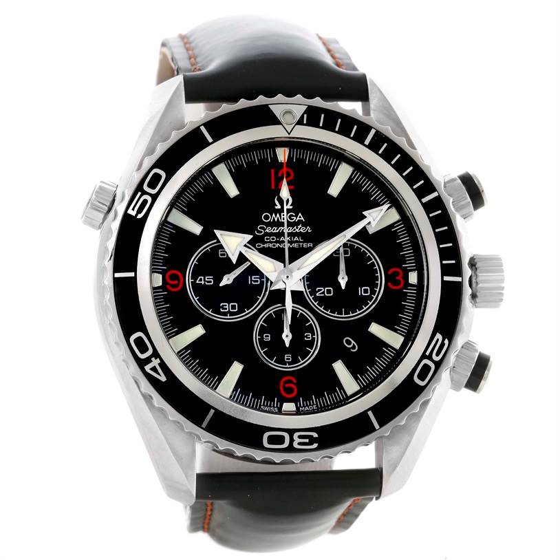 The Omega Planet Ocean 2210.51.00 Men
s Stainless Steel Black Dial 2210.51.00 Men
s Stainless Steel Black Dial model watch is shown from a front angle, displaying the dial, bezel, and crown.