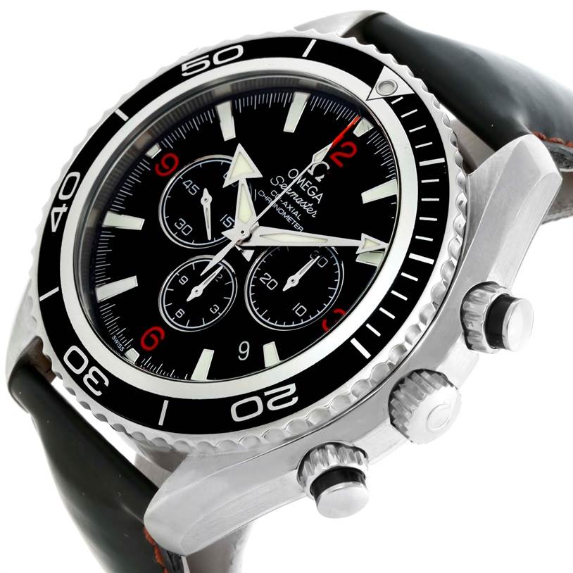 The image shows a side angle of the Omega Planet Ocean 2210.51.00 Men
s Stainless Steel Black Dial 2210.51.00 Men
s Stainless Steel Black Dial watch, highlighting the dial, bezel, and crown.