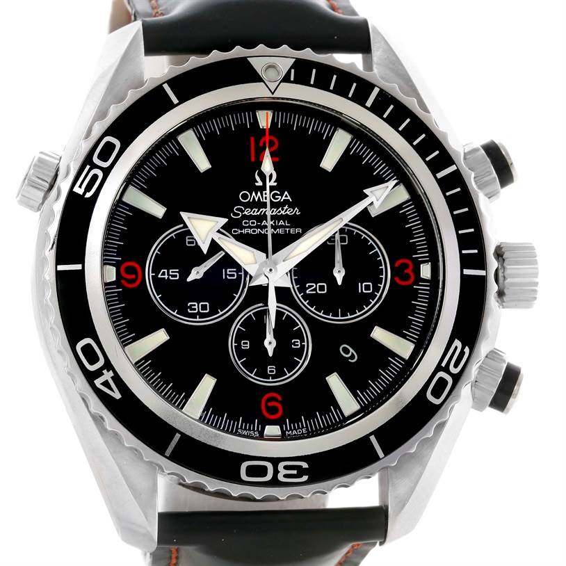 The image shows a full frontal view of the Omega Planet Ocean 2210.51.00 Men
s Stainless Steel Black Dial 2210.51.00 Men
s Stainless Steel Black Dial Seamaster watch, highlighting its dial, hands, and bezel.