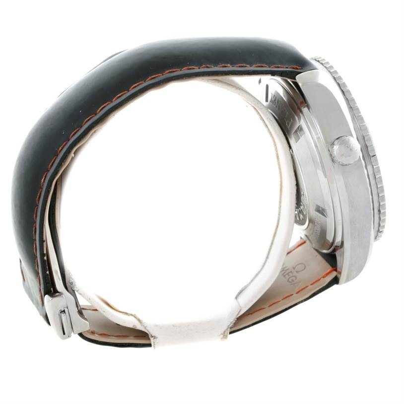 The image shows a side view of the Omega Planet Ocean 2210.51.00 Men
s Stainless Steel Black Dial 2210.51.00 Men
s Stainless Steel Black Dial watch, focusing on the case, bezel, crown, and strap.