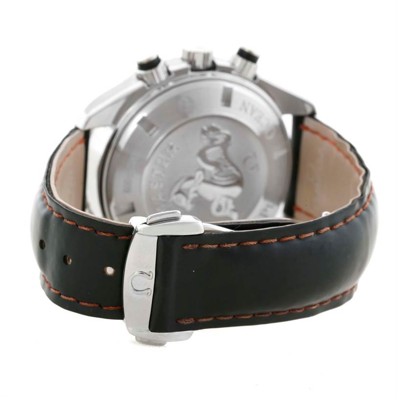 The image shows the back view of an Omega Planet Ocean 2210.51.00 Men
s Stainless Steel Black Dial 2210.51.00 Men
s Stainless Steel Black Dial watch, highlighting its case back, pushers, and leather strap with clasp.