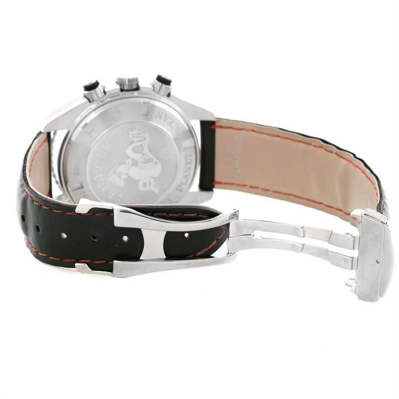 The image shows the back and strap of the Omega Planet Ocean 2210.51.00 Men
s Stainless Steel Black Dial 2210.51.00 Men
s Stainless Steel Black Dial watch, highlighting its clasp and case back with an engraved logo.