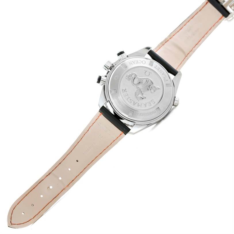 The image shows the back view of the Omega Planet Ocean 2210.51.00 Men
s Stainless Steel Black Dial 2210.51.00 Men
s Stainless Steel Black Dial watch, highlighting the case back and part of the leather strap.