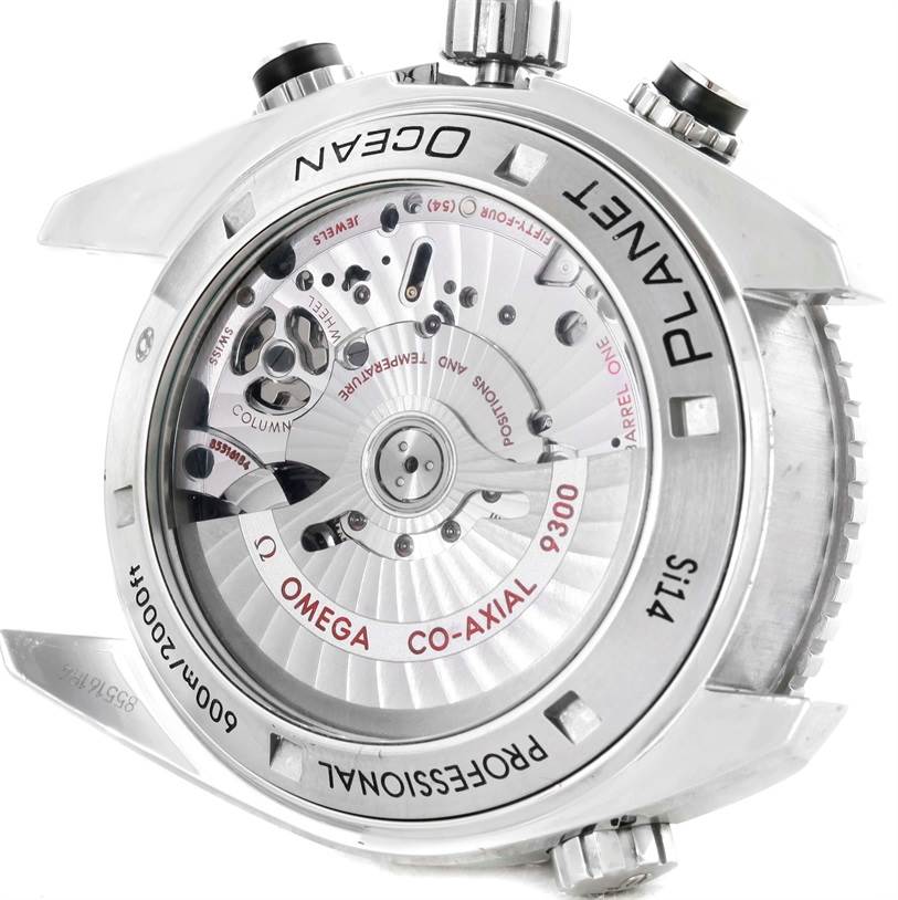 This image shows the back view of the Omega Planet Ocean 232.30.46.51.01.001 Men
s Stainless Steel Black Dial 232.30.46.51.01.001 Men
s Stainless Steel Black Dial watch, displaying its movement and mechanical components.