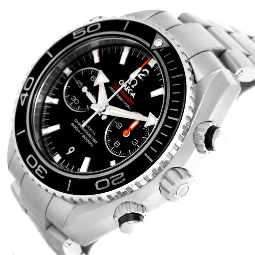 This image shows an angled view of the Omega Planet Ocean 232.30.46.51.01.001 Men
s Stainless Steel Black Dial 232.30.46.51.01.001 Men
s Stainless Steel Black Dial watch, displaying its face, bezel, and crown.