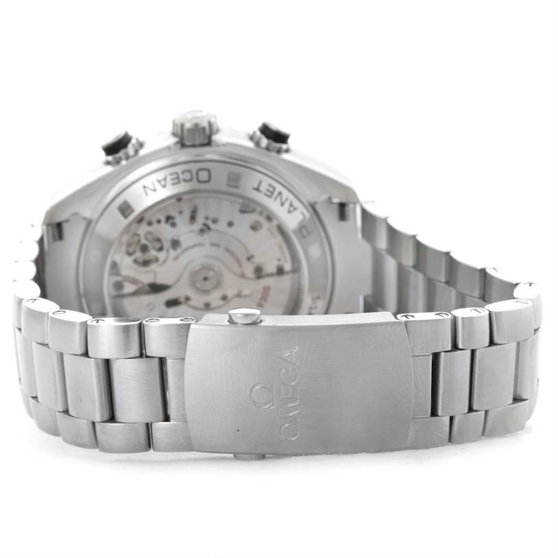 The image shows the back and clasp of the Omega Planet Ocean 232.30.46.51.01.001 Men
s Stainless Steel Black Dial 232.30.46.51.01.001 Men
s Stainless Steel Black Dial watch, highlighting its metal bracelet and open case back.