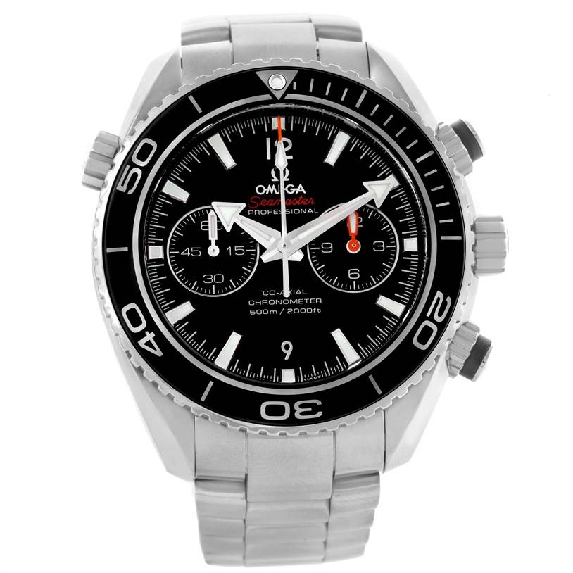 The image shows a front view of the Omega Planet Ocean 232.30.46.51.01.001 Men
s Stainless Steel Black Dial 232.30.46.51.01.001 Men
s Stainless Steel Black Dial watch, highlighting its face, bezel, and stainless steel bracelet.