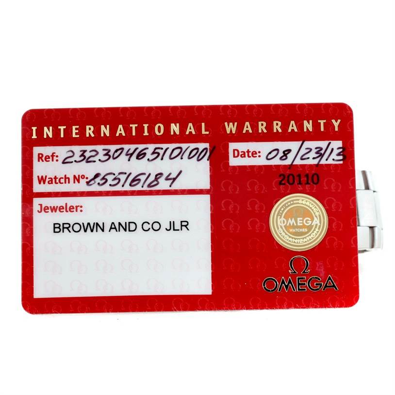 The image shows the international warranty card for the Omega Planet Ocean 232.30.46.51.01.001 Men
s Stainless Steel Black Dial 232.30.46.51.01.001 Men
s Stainless Steel Black Dial watch, featuring reference and watch numbers.