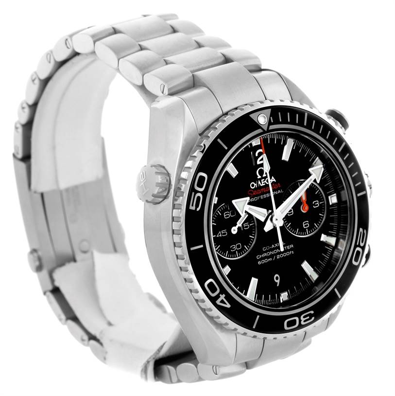 This Omega Planet Ocean 232.30.46.51.01.001 Men
s Stainless Steel Black Dial 232.30.46.51.01.001 Men
s Stainless Steel Black Dial watch is shown at a front-side angle, highlighting its black dial, bezel, and metal bracelet.