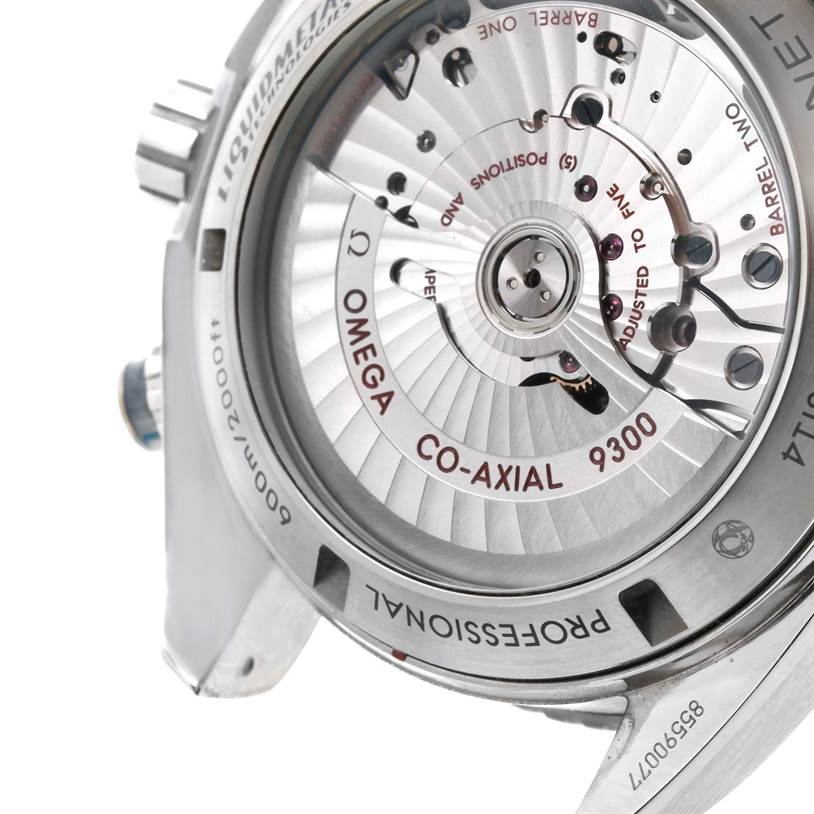 The image shows the back view of the Omega Planet Ocean 232.90.46.51.03.001 Men
s Titanium Blue Dial 232.90.46.51.03.001 Men
s Titanium Blue Dial watch, highlighting its Co-Axial 9300 movement.