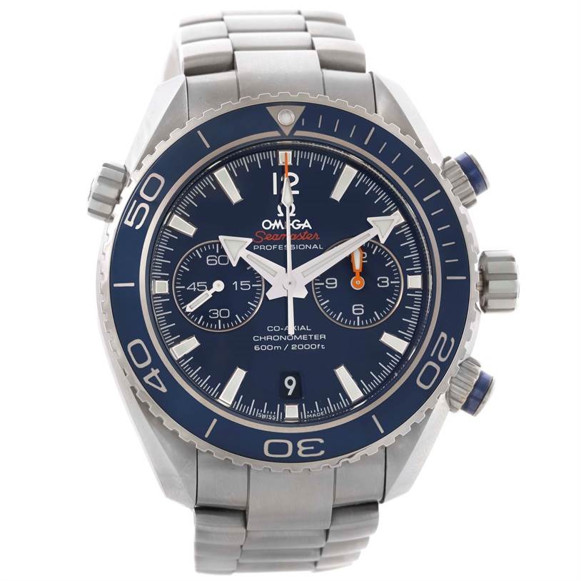 The image shows a front view of an Omega Planet Ocean 232.90.46.51.03.001 Men
s Titanium Blue Dial 232.90.46.51.03.001 Men
s Titanium Blue Dial Seamaster watch, highlighting its bezel, dial, and stainless steel bracelet.